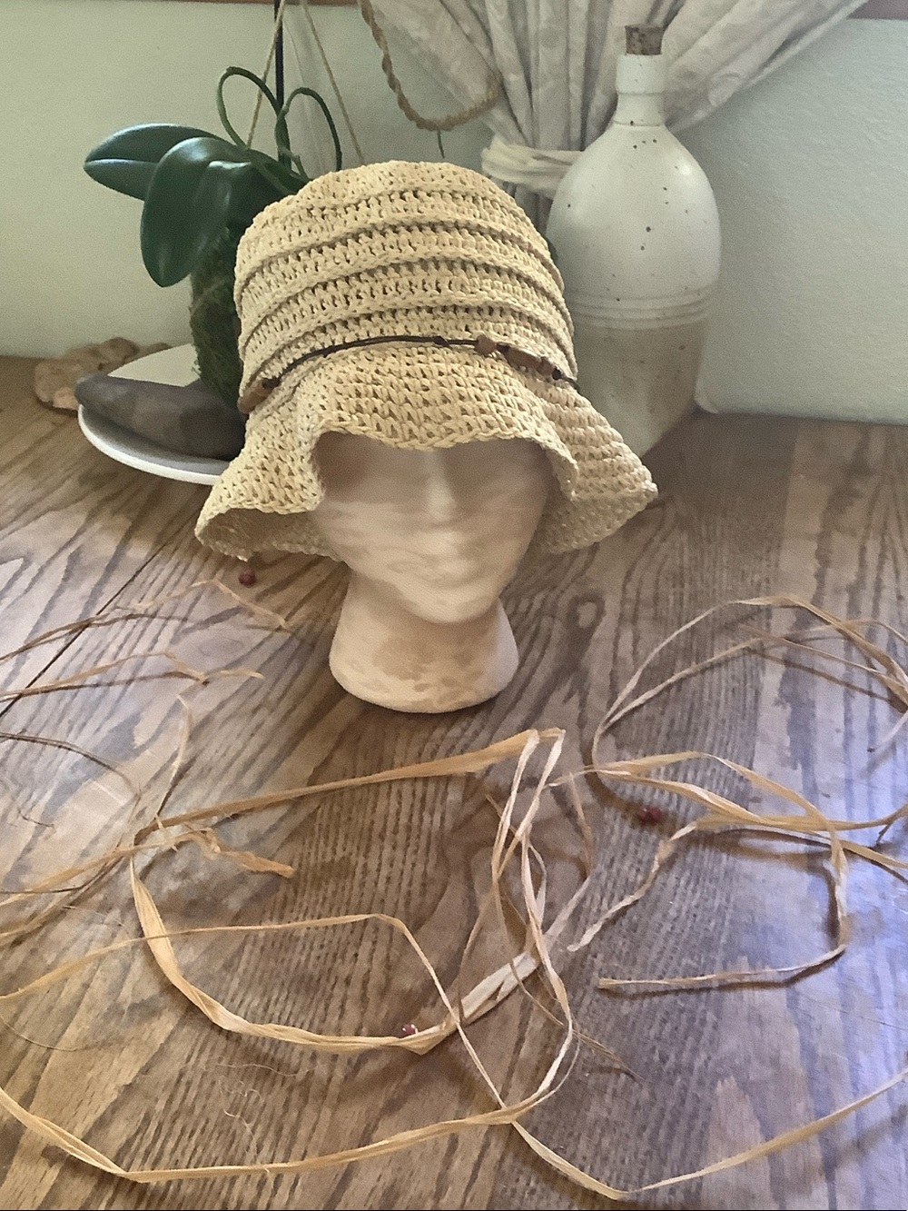 Ann Taylor Natural Crochet Bucket Hat with Braided Trim